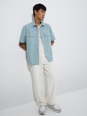 Nuon Light Teal Text Printed Relaxed-Fit Cotton Shirt