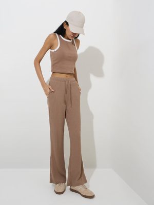 Studiofit Taupe Ribbed-Textured High-Rise Track Pants