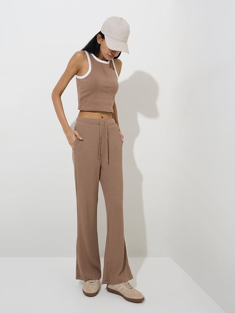 Studiofit Taupe Ribbed-Textured High-Rise Track Pants