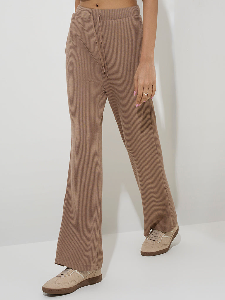 Studiofit Taupe Ribbed-Textured High-Rise Track Pants - Image 2
