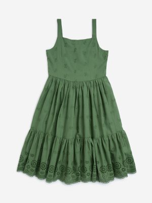 Utsa Kids Olive Schiffli Detailed Tiered Cotton Dress - (8-14yrs)