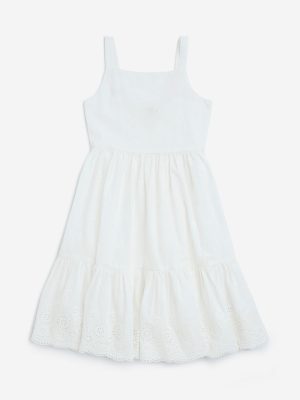 Utsa Kids White Schiffli Detailed Cotton Tiered Dress - (8-14yrs)