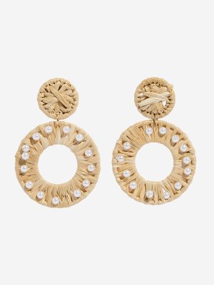 Westside Accessories Beige Raffia Double Circle Pearl Raffia Earrings