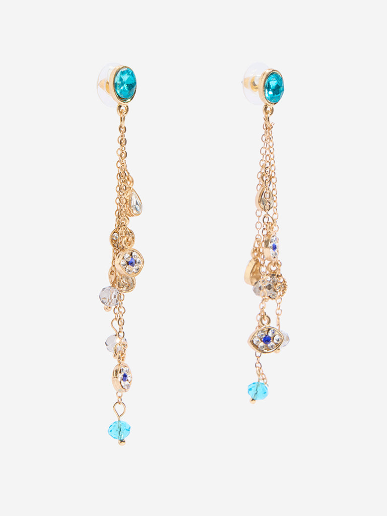 Westside Accessories Gold & Blue Charms-Detailed Dangler Earrings - Image 2