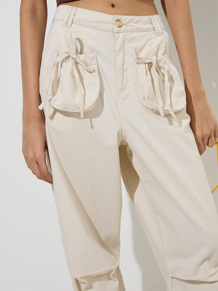 Nuon Beige Mid-Rise Cotton-Blend Pants - Image 3