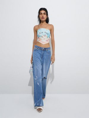 Nuon Blue Distressed Relaxed-Fit Mid-Rise Jeans