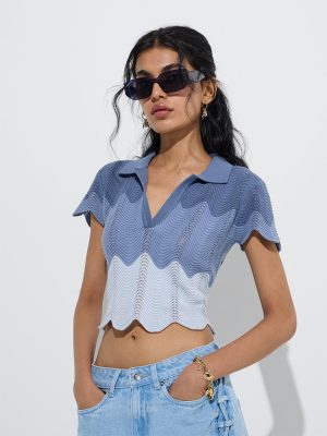 Nuon Dusty Blue Colour-Blocked Knitted Cotton Top