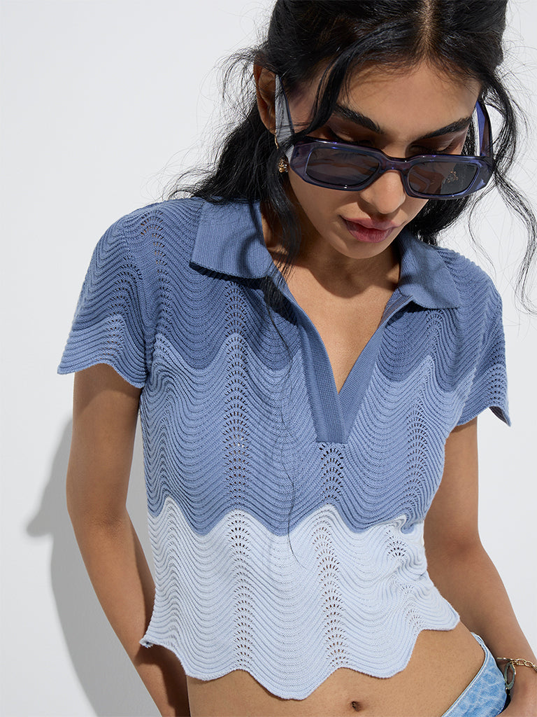Nuon Dusty Blue Colour-Blocked Knitted Cotton Top - Image 3