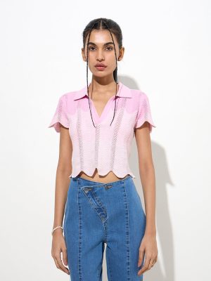 Nuon Pink Knit-Textured Cotton Top