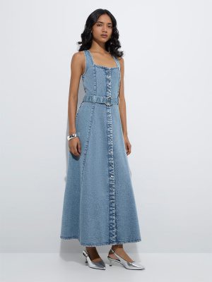 LOV Blue Faded Denim A-Line Dress with Belt