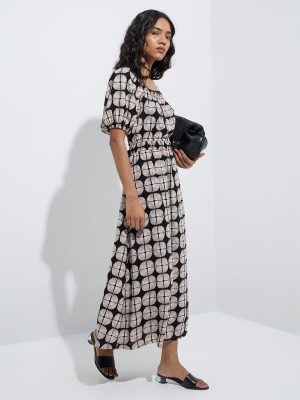 LOV Beige Printed Linen-Blend A-Line Dress