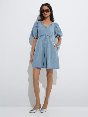 LOV Light Blue Faded Denim A-Line Dress