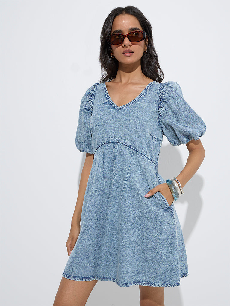 LOV Light Blue Faded Denim A-Line Dress - Image 2
