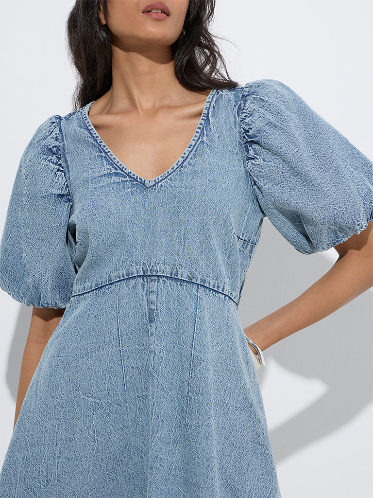 LOV Light Blue Faded Denim A-Line Dress - Image 3
