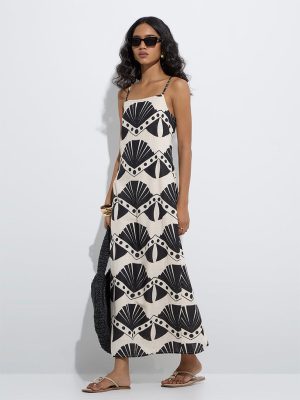 LOV Beige Seashell Printed Straight Cotton-Blend Dress