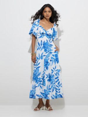 LOV Blue Botanical Design Tiered Dress