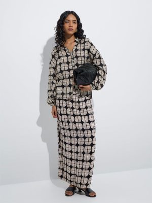 LOV Beige Printed Linen-Blend Straight Skirt