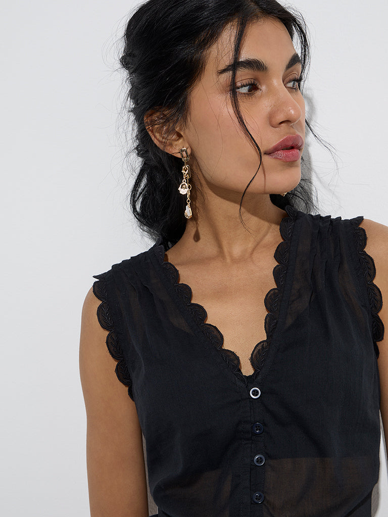 Bombay Paisley Black Scallop Detailed Cotton Top - Image 3