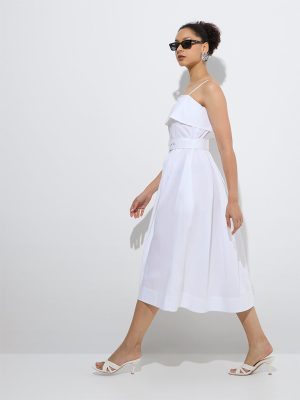 Wardrobe White Solid Cotton A-Line Dress with Belt
