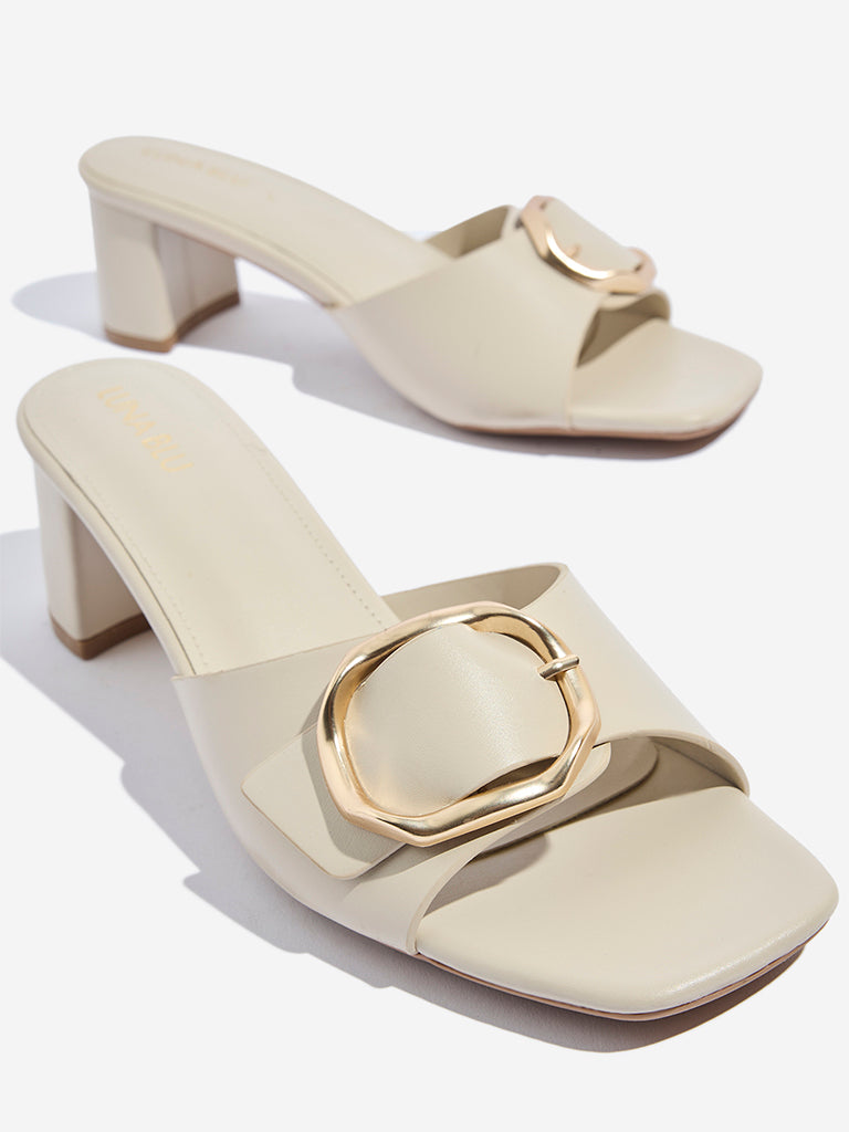 LUNA BLU Ivory Buckle Detailed Block Sandals - Image 3