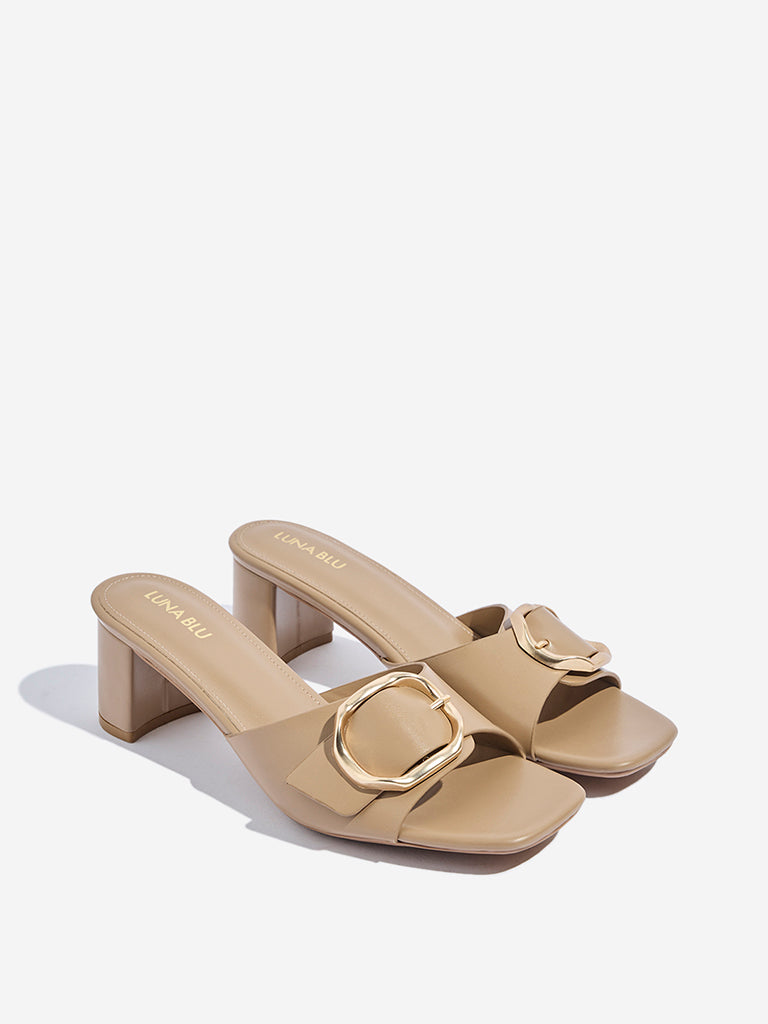 LUNA BLU Taupe Buckle Detailed Block Sandals - Image 2