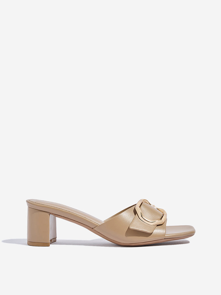 LUNA BLU Taupe Buckle Detailed Block Sandals