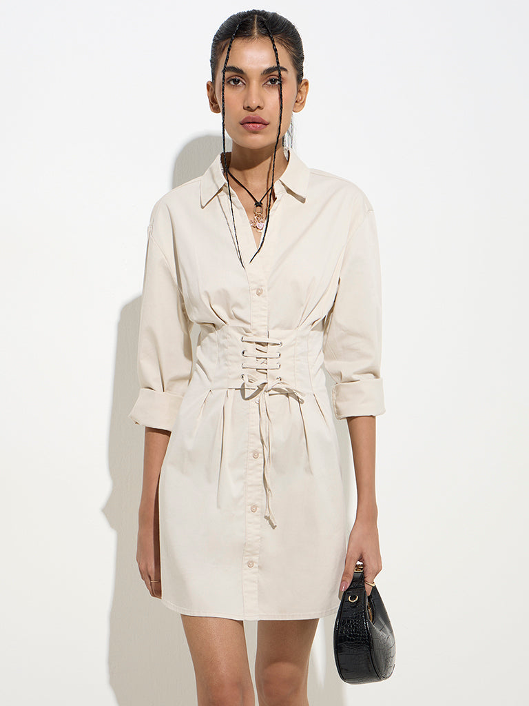 Nuon Beige Criss-Cross Detailed Cotton-Blend Shirt Dress - Image 2