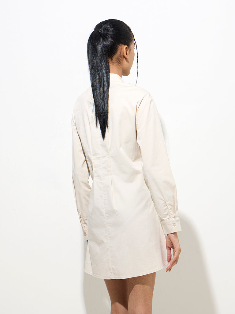 Nuon Beige Criss-Cross Detailed Cotton-Blend Shirt Dress - Image 4