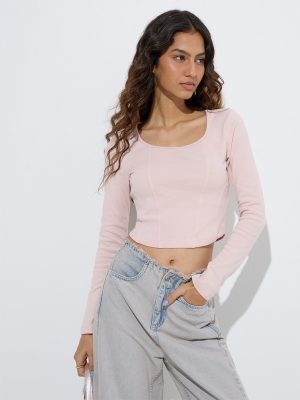 Nuon Pink Solid Cotton-Blend Top