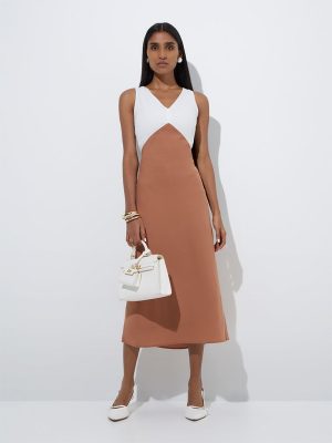 Wardrobe Brown Colour-Blocked A-Line Dress