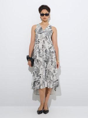 Wardrobe Off-White Printed High-Low Cotton-Blend Dress