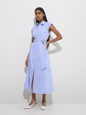 Wardrobe Blue Stripe Patterned Cotton Shirt Dress with Belt