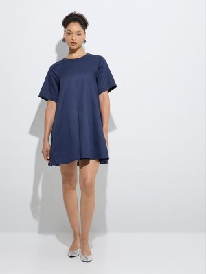 Wardrobe Navy Solid Cotton A-Line Dress