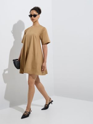 Wardrobe Beige Solid Cotton A-Line Dress