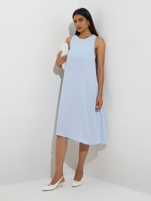 Wardrobe Light Blue Self-Textured A-Line Dress