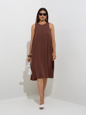 Wardrobe Brown Self-Textured A-Line Dress
