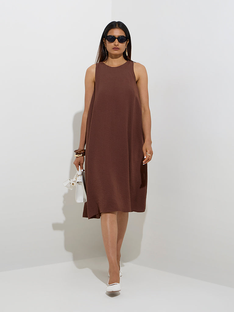 Wardrobe Brown Self-Textured A-Line Dress