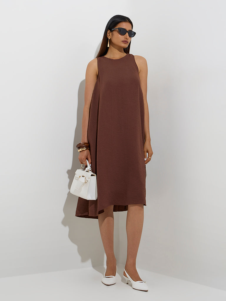 Wardrobe Brown Self-Textured A-Line Dress - Image 2