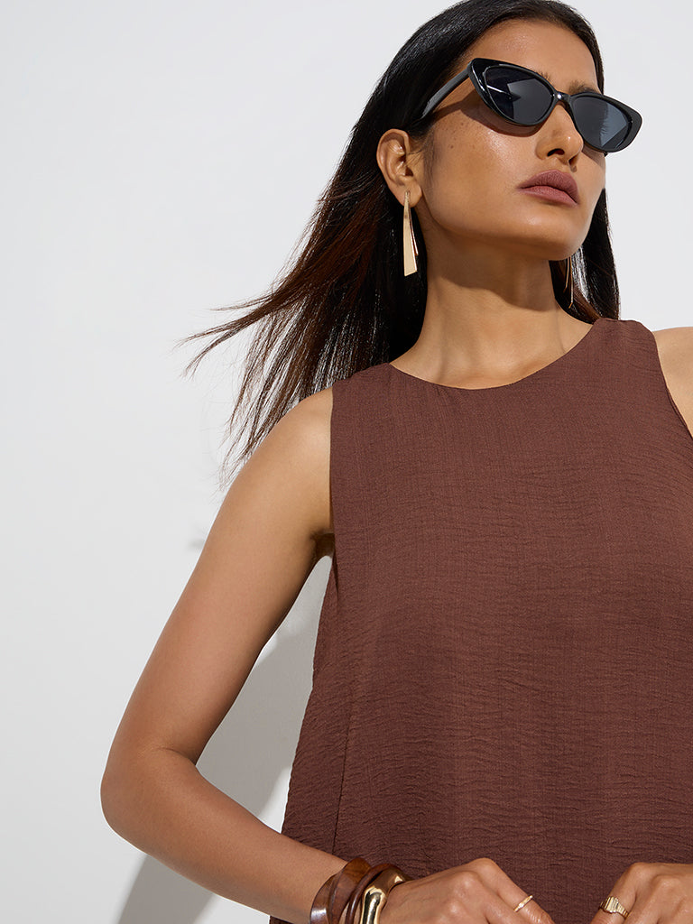 Wardrobe Brown Self-Textured A-Line Dress - Image 3