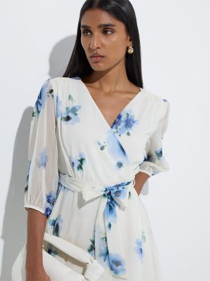 Wardrobe Ivory Floral Design A-Line Dress with Belt