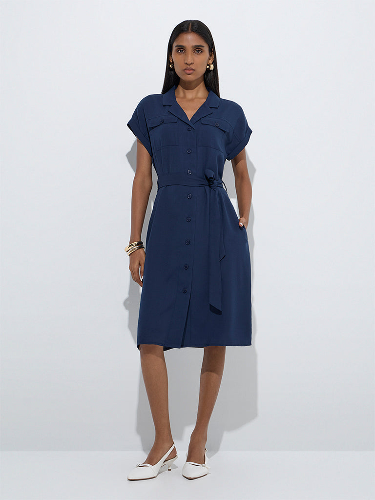 Wardrobe Navy Shirt Dress with Belt - Image 2