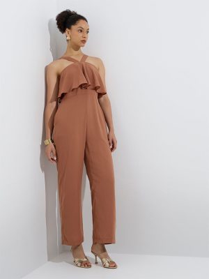 Wardrobe Brown Ruffle-Detailed Jumpsuit