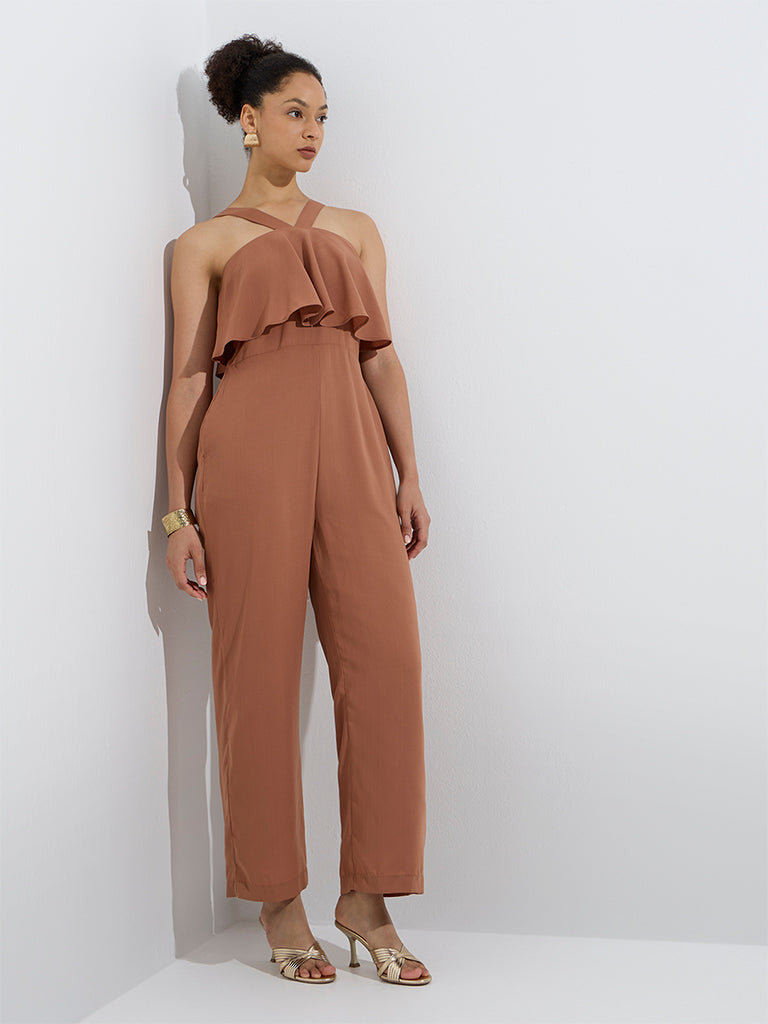 Wardrobe Brown Ruffle-Detailed Jumpsuit