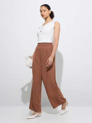 Wardrobe Brown Crinkle-Textured High-Rise Pants