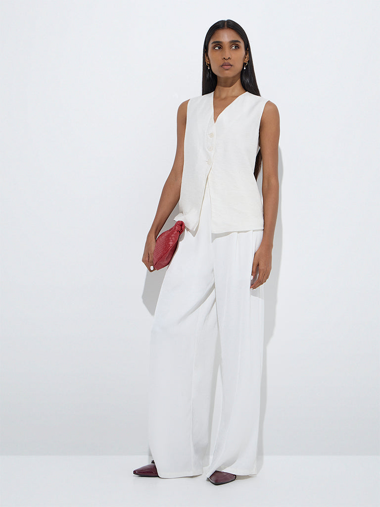 Wardrobe White Self-Textured High-Rise Pants