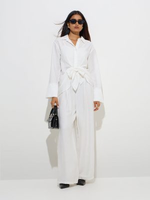 Wardrobe Ivory Crinkle-Textured Flared Mid-Rise Pants