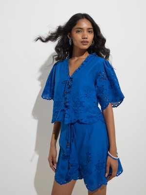 LOV Blue Schiffli Detailed Cotton Top