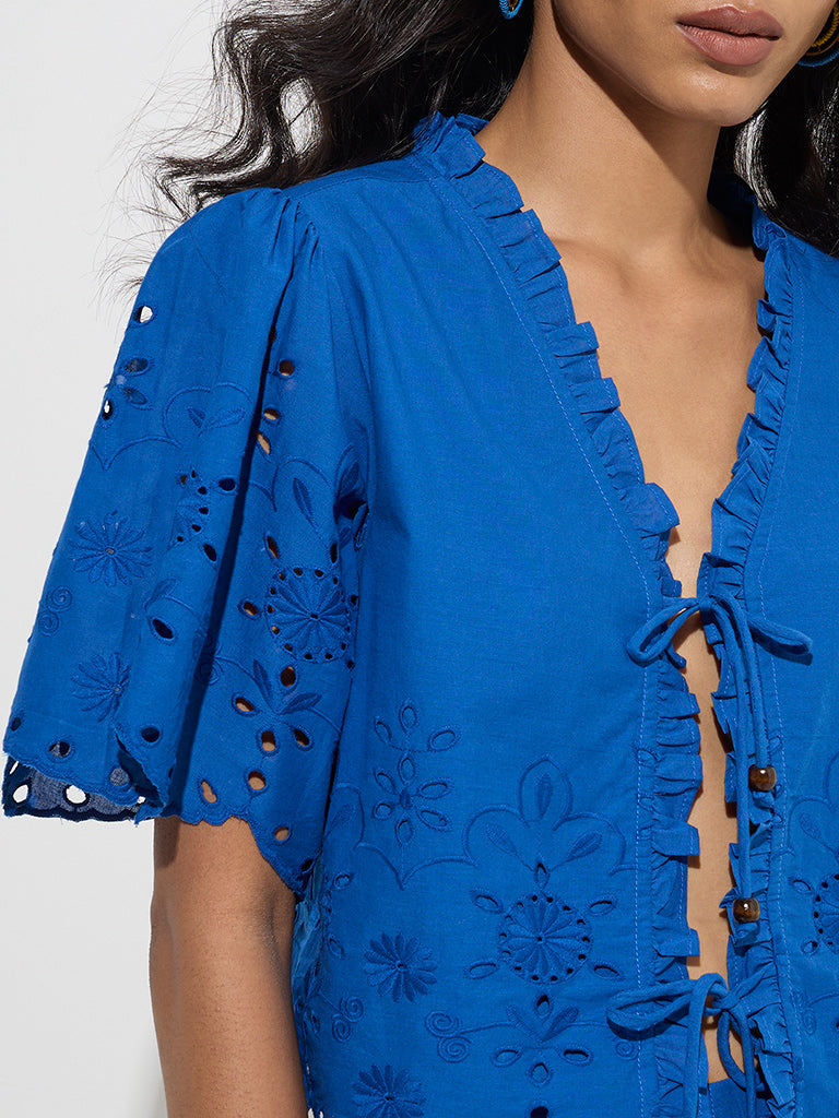 LOV Blue Schiffli Detailed Cotton Top - Image 3