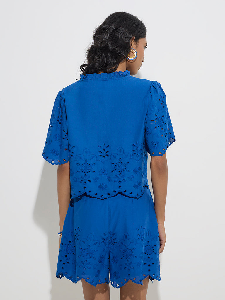 LOV Blue Schiffli Detailed Cotton Top - Image 4