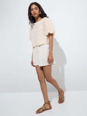 LOV Beige Embroidered Cotton Top